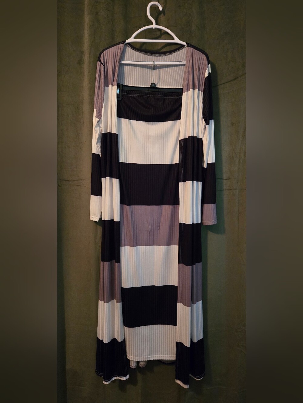 Striped Long Sleeve Maxi Skirt With Matching Coat in Black, White & Gray